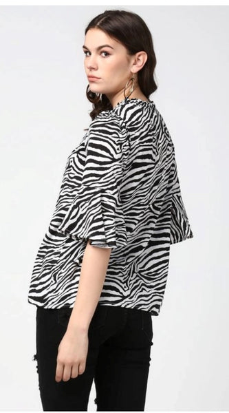 Mayawye Women's Polyester Animal Print Bell Sleeve Top (Black - White)