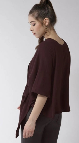 Mayawye Women's Polyester Solid Cape Sleeve Top (Maroon)