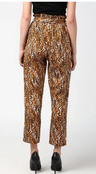 Mayawye Women's Polyester Animal Print Elasticated Trousers (Orange - Black)