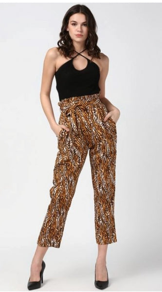 Mayawye Women's Polyester Animal Print Elasticated Trousers (Orange - Black)