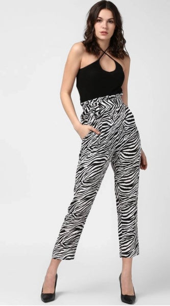 Mayawye Women's Polyester Animal Print Elasticated Trousers (Black - White)