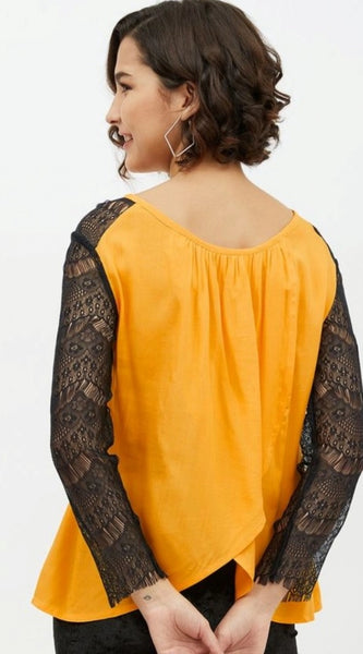 Mayawye Women's Rayon Lace Inserts Long Sleeves Top (Yellow)