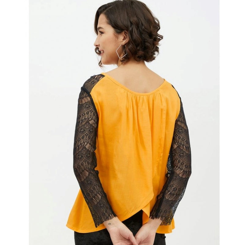 Mayawye Women's Rayon Lace Inserts Long Sleeves Top (Yellow)