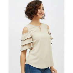 Mayawye Women's Polyester Tiered Cold Shoulder Top (Beige)