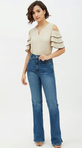 Mayawye Women's Polyester Tiered Cold Shoulder Top (Beige)