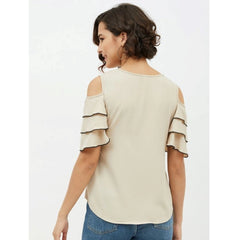 Mayawye Women's Polyester Tiered Cold Shoulder Top (Beige)