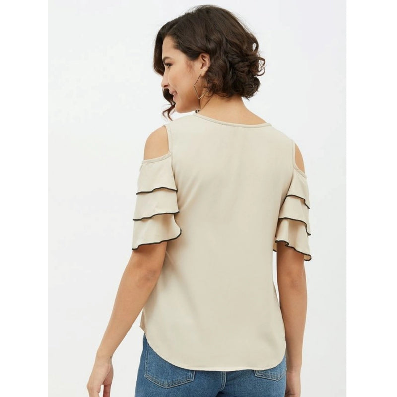 Mayawye Women's Polyester Tiered Cold Shoulder Top (Beige)