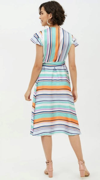 Mayawye Women's Satin Striped Short Sleeve Knee-Length Dress (Multicolor)