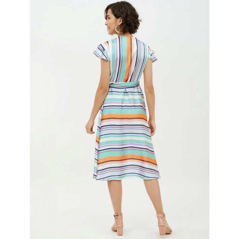 Mayawye Women's Satin Striped Short Sleeve Knee-Length Dress (Multicolor)