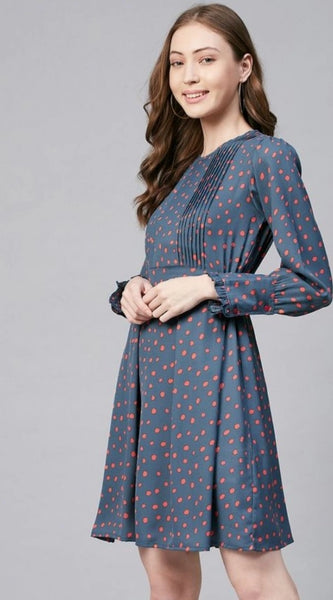 Mayawye Women's Polyester Polka Long Sleeves Above Knee Dress (Grey - Coral)
