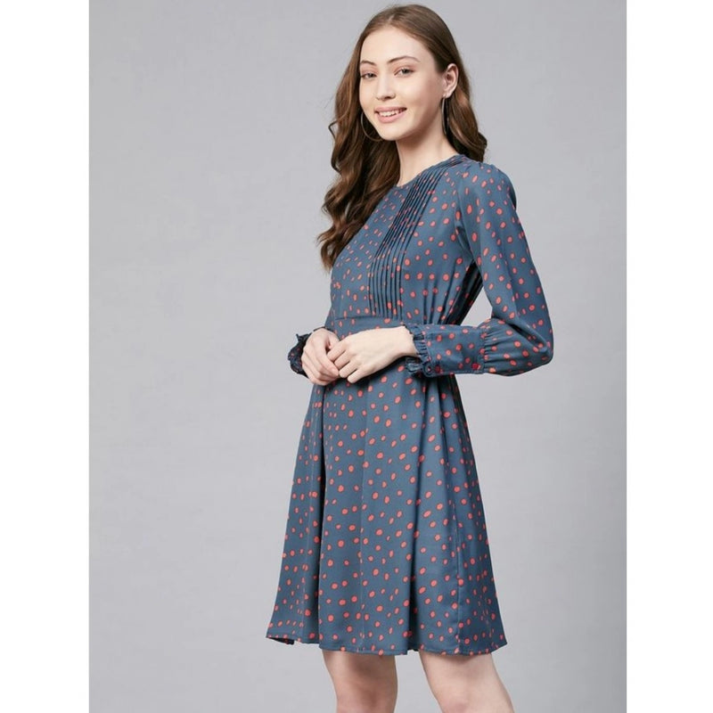 Mayawye Women's Polyester Polka Long Sleeves Above Knee Dress (Grey - Coral)