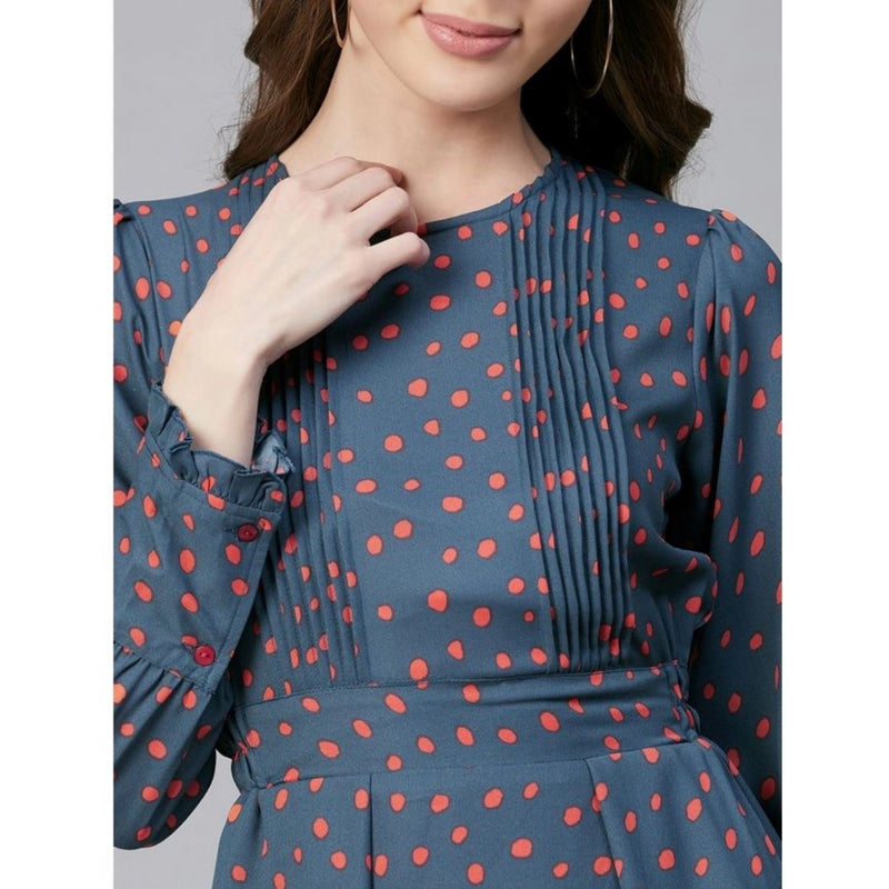 Mayawye Women's Polyester Polka Long Sleeves Above Knee Dress (Grey - Coral)