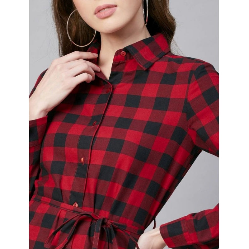 Mayawye Women's Cotton Checkered Long Sleeves Above Knee Dress (Red - Black)
