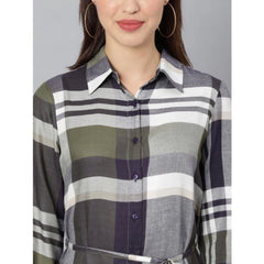 Mayawye Women's Cotton Checkered Long Sleeves Above Knee Dress (Olive - White)