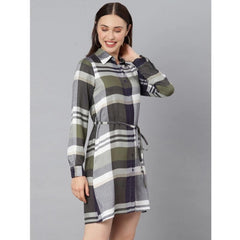 Mayawye Women's Cotton Checkered Long Sleeves Above Knee Dress (Olive - White)