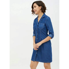 Mayawye Women's Denim Solid Long Sleeves Above Knee Dress (Blue)
