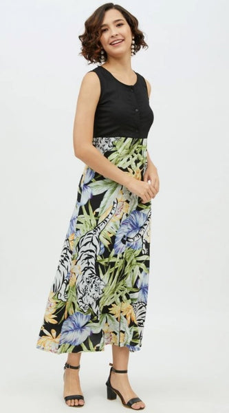 Mayawye Women's Rayon Floral Sleeveless Calf-length Dress (Multicolor)