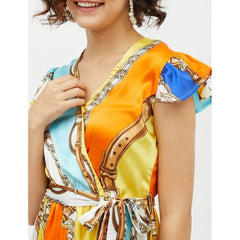Mayawye Women's Satin Chain Print Cap Sleeve Calf-length Dress (Multicolor)