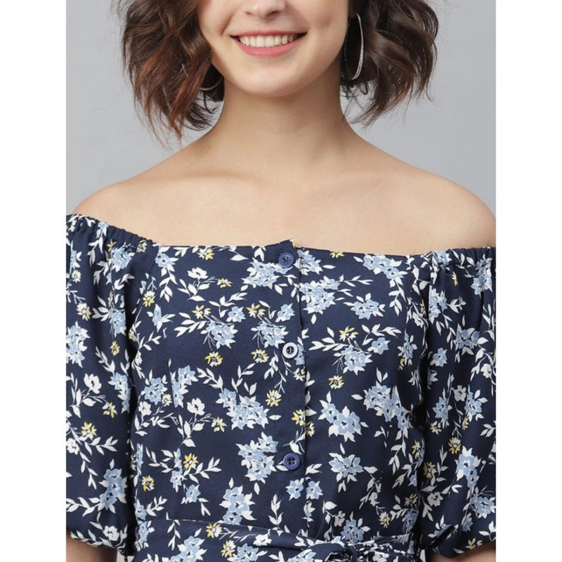 Mayawye Women's Polyester Off Shoulder Half Sleeve Above Knee Dress (Blue)