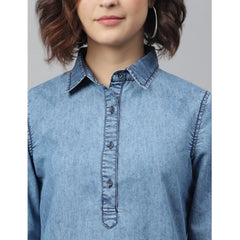 Mayawye Women's Denim Solid Long Sleeves Above Knee Dress (Ice Blue)