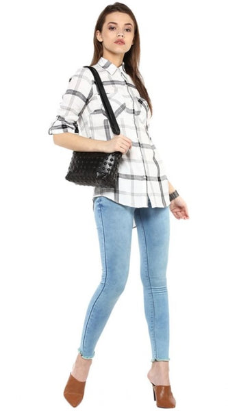 Mayawye Women's Rayon Checkered Long Sleeves Standard Length Shirt (Black - White)