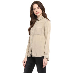 Mayawye Women's Rayon Solid Long Sleeves Standard Length Shirt (Beige)