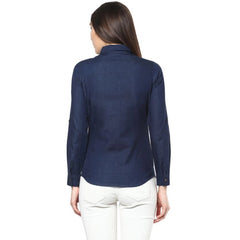 Mayawye Women's Denim Patch Work Long Sleeves Standard Length Shirt (Blue)