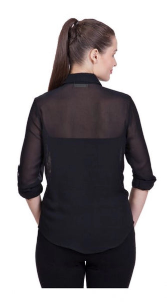 Mayawye Women's Polyester Printed Roll Up Sleeve Standard Length Shirt (Black)