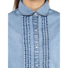 Mayawye Women's Denim Solid 3-4th Sleeves Standard Length Shirt (Blue)