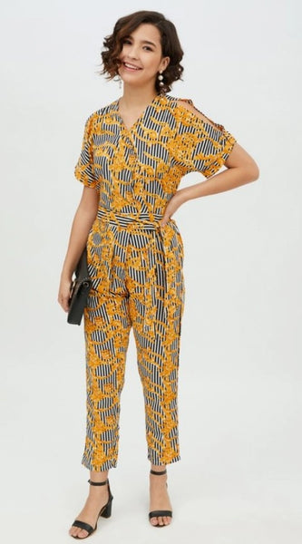 Mayawye Women's Polyester Printed Half Sleeve Long Jumpsuit (Yellow)