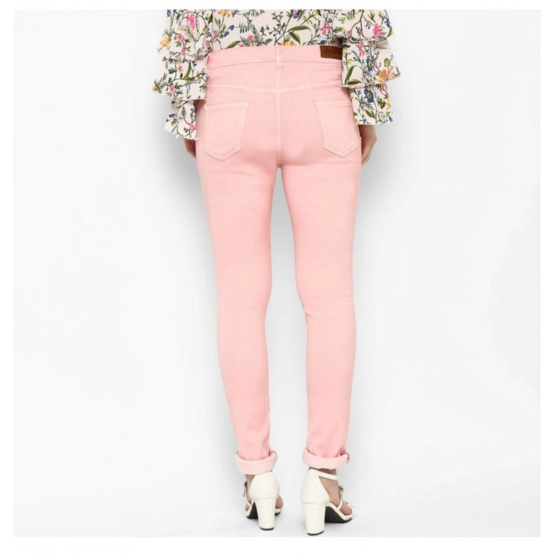 Mayawye Women's Denim Solid Buttoned Jeans (Pink)
