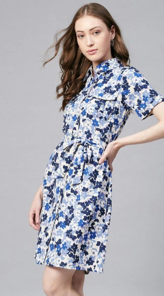 Mayawye Women's Polyester Floral Short Sleeve Above Knee Dress (Blue - White)