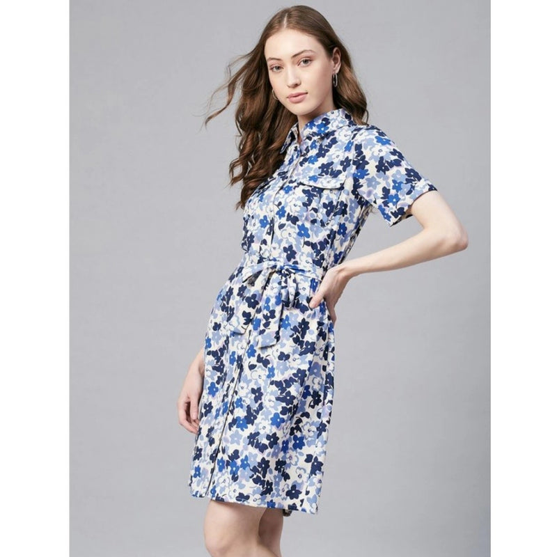 Mayawye Women's Polyester Floral Short Sleeve Above Knee Dress (Blue - White)