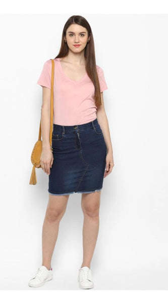 Mayawye Women's Denim Stitching Pattern Buttoned Skirt (Blue)