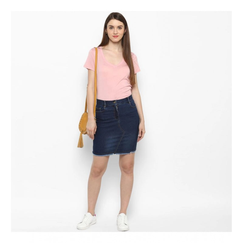 Mayawye Women's Denim Stitching Pattern Buttoned Skirt (Blue)