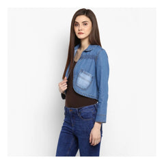 Mayawye Women's Denim Smocking 3-4th Sleeves Shrug (Blue)