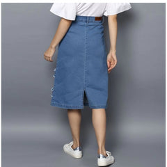 Mayawye Women's Denim Washed Buttoned Skirt (Blue)