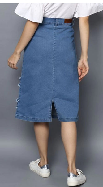 Mayawye Women's Denim Washed Buttoned Skirt (Blue)