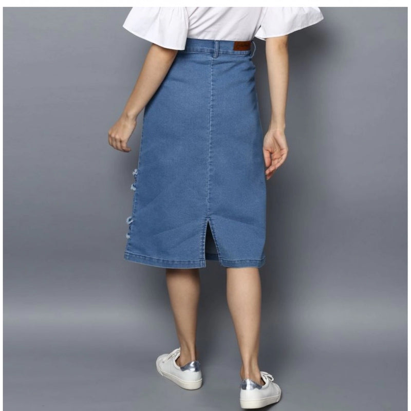 Mayawye Women's Denim Washed Buttoned Skirt (Blue)