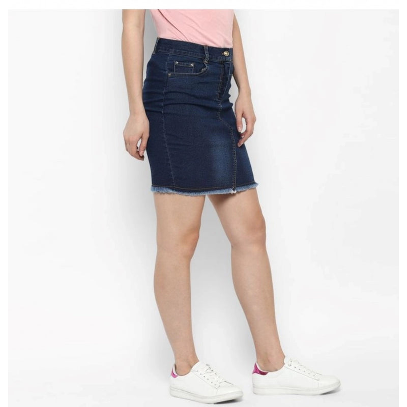 Mayawye Women's Denim Stitching Pattern Buttoned Skirt (Blue)