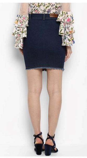 Mayawye Women's Denim Distressed Buttoned Skirt (Blue)