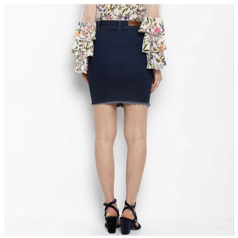Mayawye Women's Denim Distressed Buttoned Skirt (Blue)