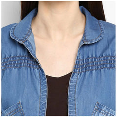 Mayawye Women's Denim Smocking 3-4th Sleeves Shrug (Blue)