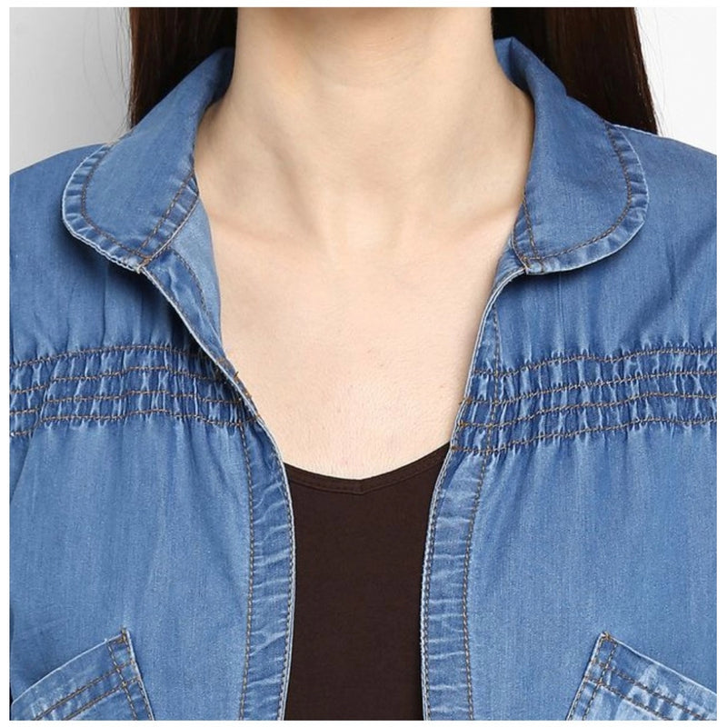 Mayawye Women's Denim Smocking 3-4th Sleeves Shrug (Blue)