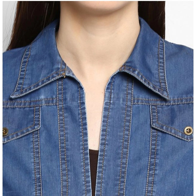 Mayawye Women's Denim Solid 3-4th Sleeves Shrug (Blue)