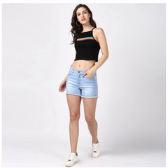 Mayawye Women's Denim Solid Buttoned Shorts (Blue)