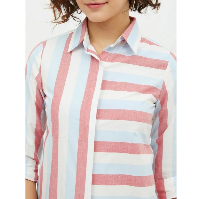 Mayawye Women's Cotton Striped Long Sleeves Standard Length Shirt (Pink)