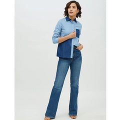Mayawye Women's Denim Patch Work Long Sleeves Standard Length Shirt (Blue)