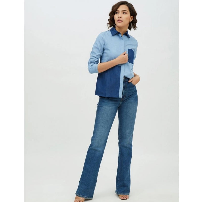 Mayawye Women's Denim Patch Work Long Sleeves Standard Length Shirt (Blue)