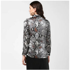 Mayawye Women's Satin Animal Print Long Sleeves Standard Length Shirt (Black - Grey)